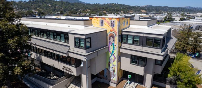 building with colorful multistory mural
